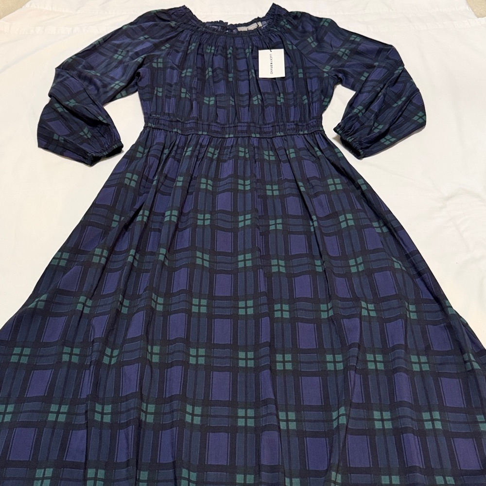 Lucky Brand Plaid Maxi Dress in Blue and Green Long Sleeves L NWT